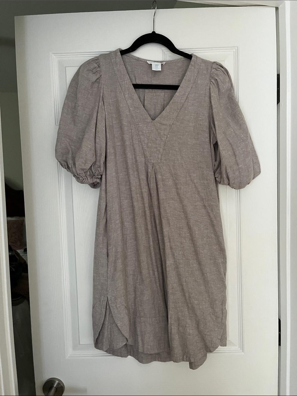 Cynthia Rowley Taupe Puff-Sleeve V-Neck Dress